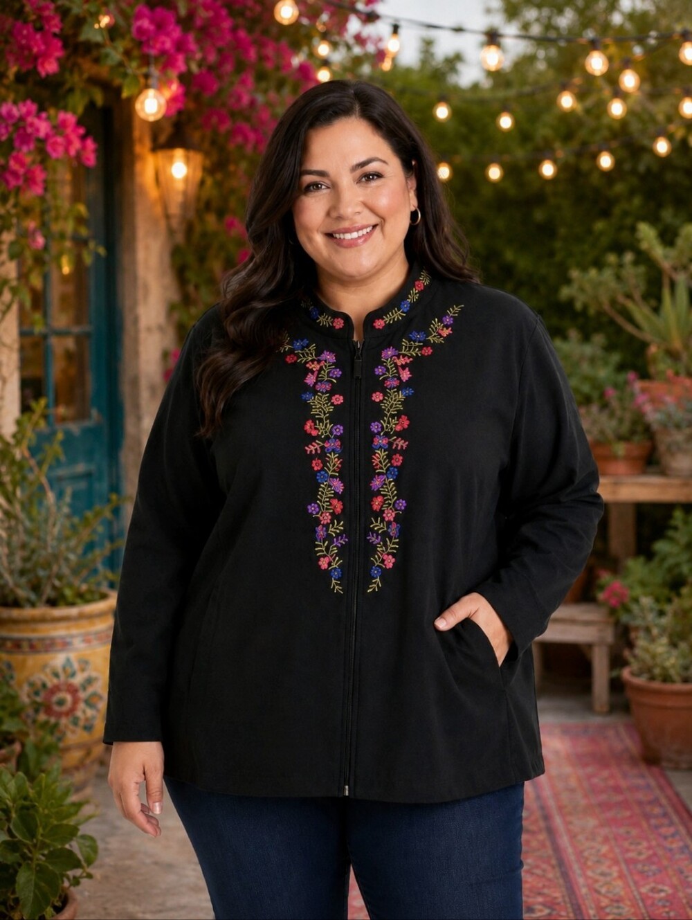 Notations Women Floral Colorful Embroidered Black Jacket Plus Size 2XL* Softboho